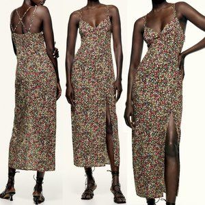 NEW Zara Black Multicolored Ditsy Mini Floral Print Side Slit Midi Maxi Dress M